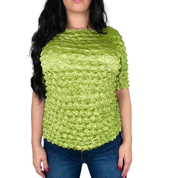 1990s Vintage Lime Green Popcorn Shirt Short Sleeve Blouse One Size Medium - Picture 3 of 8